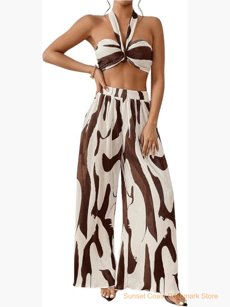 Graphic Print Knitted Crop Halter Top And Wide Leg Pants Set